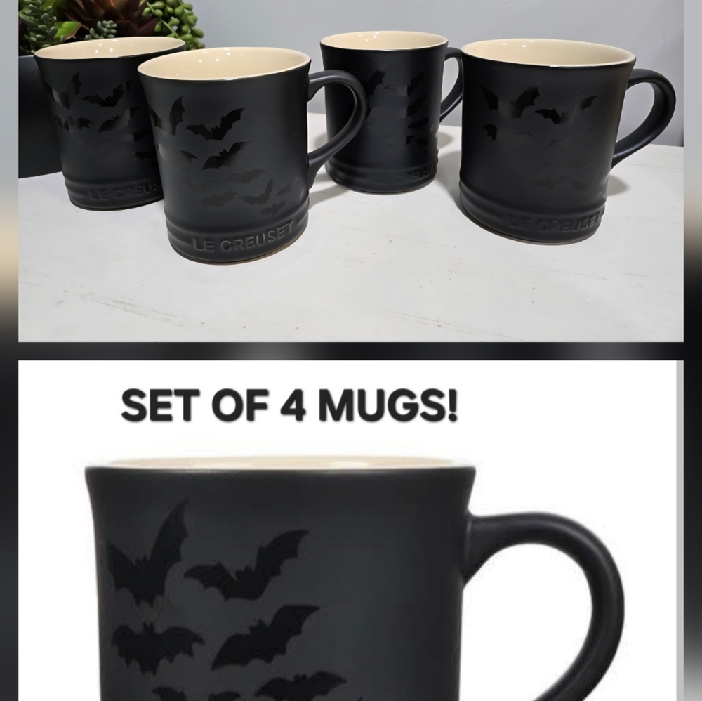 SET OF 4 Bat Mugs Limited Edition Halloween Black Matte Le Creuset NEW Bats